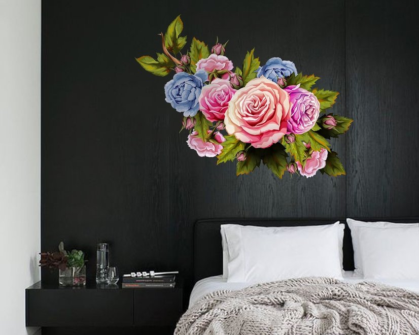 3D Floral Pink Orange Blue Rose Floral Bouqets Wall Decal Sticker