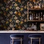 Japanese art wallpaper pattern with koi fish, gold peonies, mauve flowers and grey clouds on black