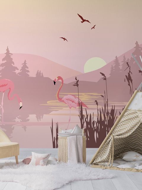 Papier peint paysage rose au lever du soleil avec des flamants roses