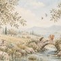 Watercolour woodland wall mural with fawn, rabbits, stone bridge, stream and distant cypress countryside