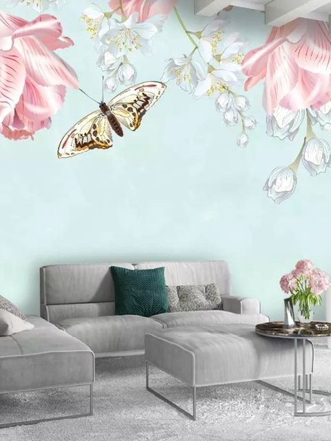 Fototapete mit rosa Blumen und gelbem Schmetterling
