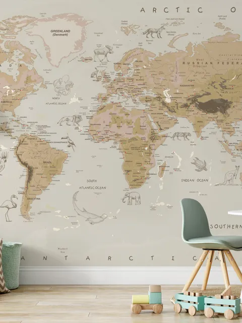 Papier peint carte du monde politique marron avec animaux pour enfants