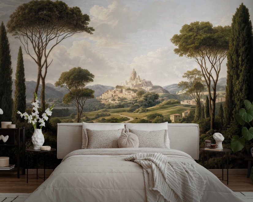 Vintage oil painting wallpaper of cypress trees, villas and a domed cathedral in an Italian landscape