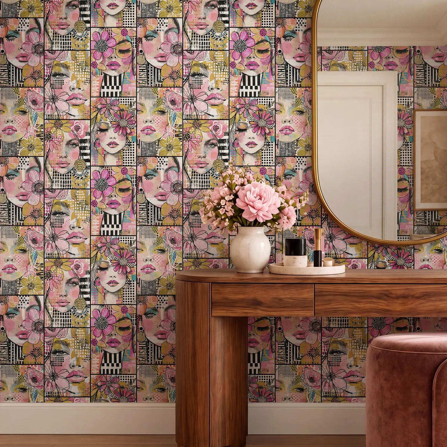 Modern Pop Art Floral Woman Face Wallpaper - Peel and Stick