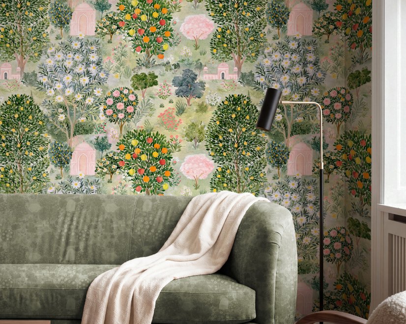 Watercolor Citrus Trees and Floral Brach Wallpaper Mural