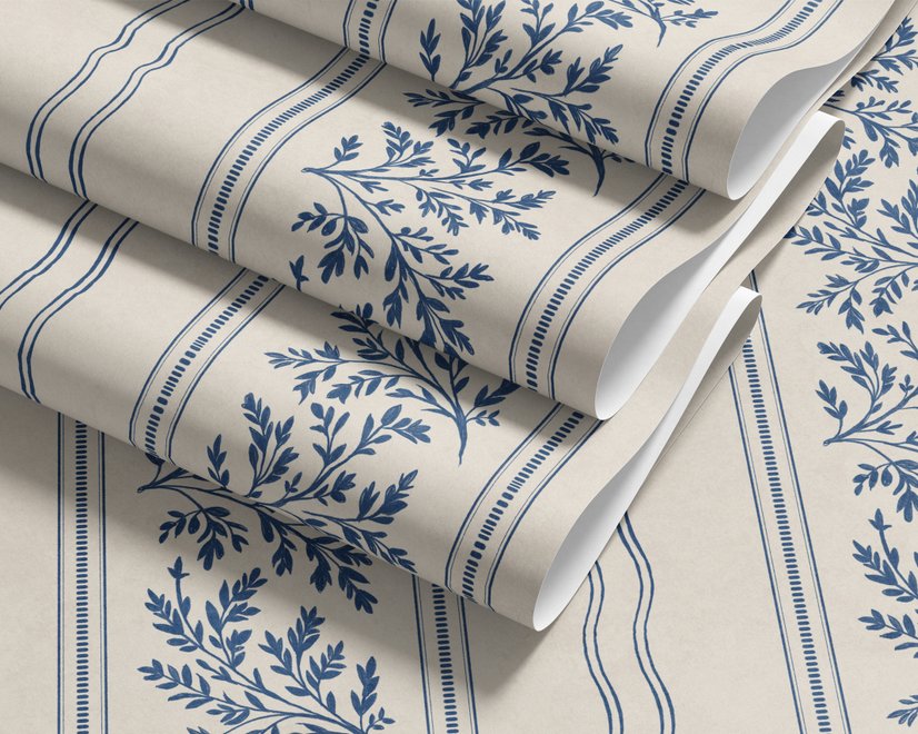 Blue wallpaper with indigo botanical stripework, pinstripes and dotted borders on warm cream parchment