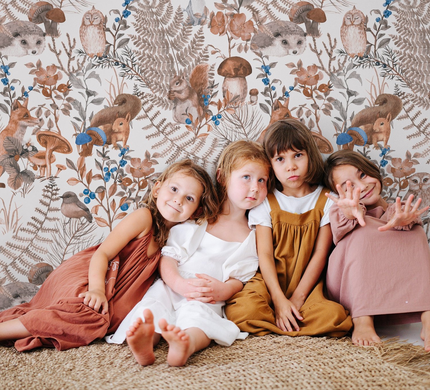 Watercolor Cute Kids Forest Animals in Forest Wallpaper Mural - Peel and Stick