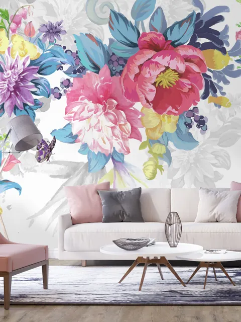 Papier peint panoramique aquarelle fleurs pivoines colorées