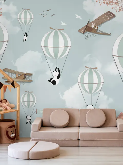 Cartoon Pandas with Hot Air Balloons Wallpaper Mural