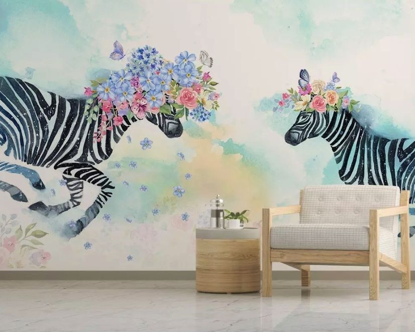 Colorful Flowery Zebra Wallpaper Mural