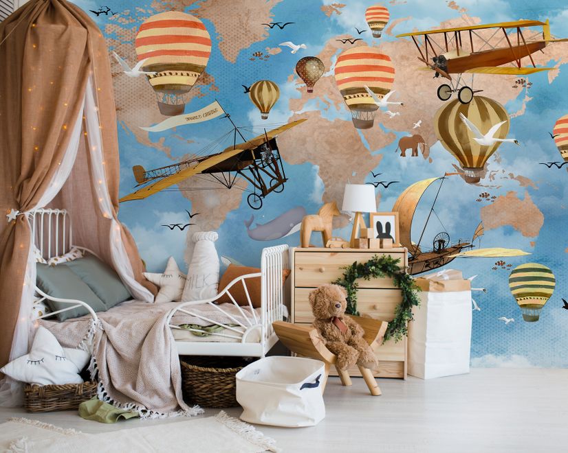 3D Look Kids World Map with Hot Air Balloon Wallpaper Mural