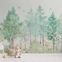 Aquarell Grüner Wald mit niedlichem Fuchs, Igel und Elch Fototapete