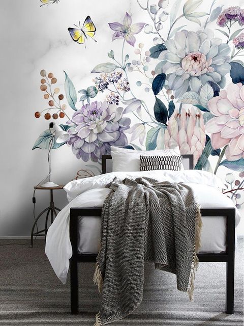 Soft Victorian Floral and Yellow Butterfly Wallpaper Mural