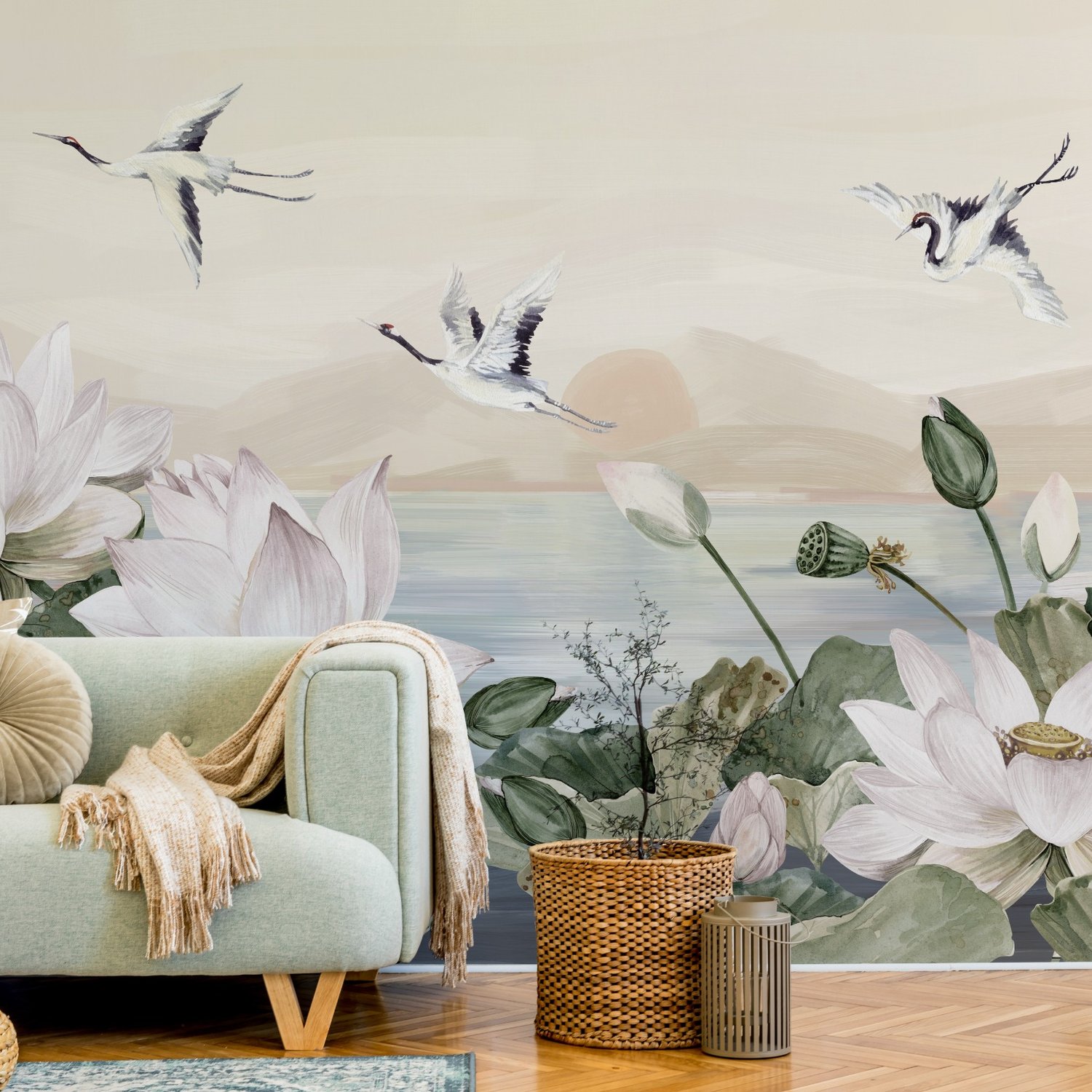 White Lotus Floral and Crane Birds Wallpaper Mural - Peel and Stick