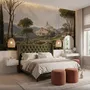 Vintage oil painting wallpaper of cypress trees, villas and a domed cathedral in an Italian landscape
