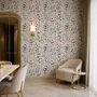 Watercolour floral wallpaper repeat with navy, blue, blush and peach wildflowers on warm cream