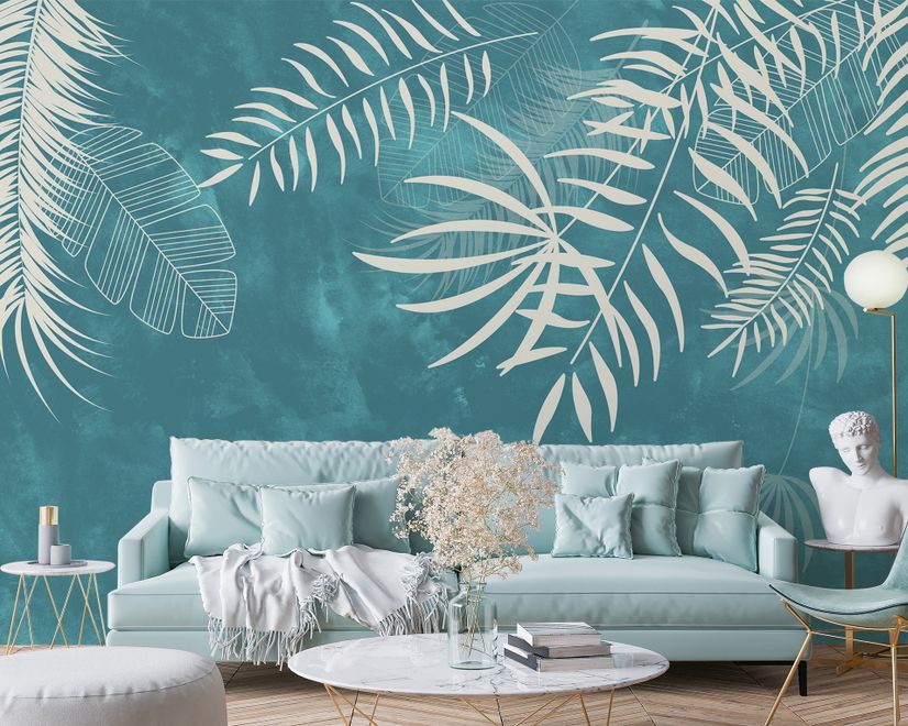 White Tropical Leaves Wallpaper Mural