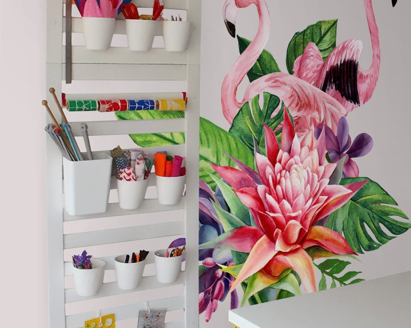 Tropical Protea Floral with Flamingo Wall Decal Sticker