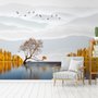 Papier peint panoramique paysage de rivière et arbres jaunes d'automne