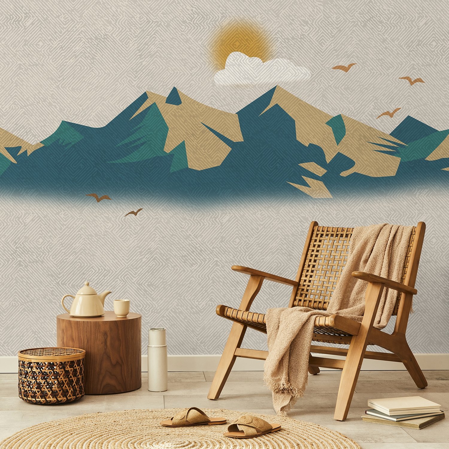 Mountain Sunrise Landscape and Old Plaid Texture Wallpaper Mural - Peel and Stick