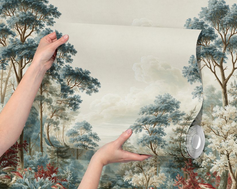 Vintage forest wallpaper mural with blue-grey trees, ivory blossom, red plants and toadstools around a misty path