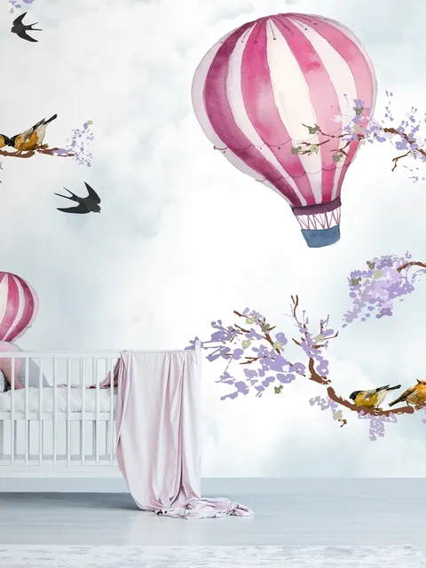 Kids Hot Air Balloon with Purple Blossom Wallpaper Mural