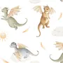 Kids wallpaper with sage, caramel and blue-gray watercolor dragons, clouds, sun and stars on white