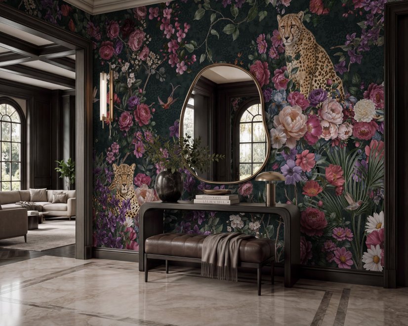 Dark Leopard Floral Garden Botanical Wallpaper Mural