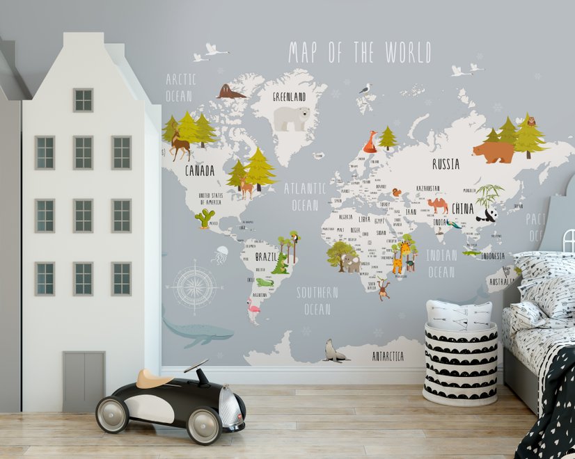 Kids World Map with Cartoon Animals Wallpaper Mural