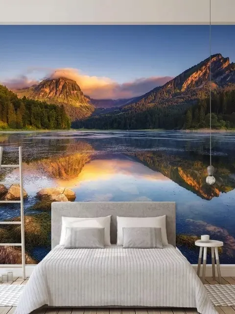 Mountain and Lake Landscape in the Sunrise Wallpaper Mural