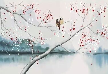 Watercolor Lake Landscape with Birds Wallpaper Mural