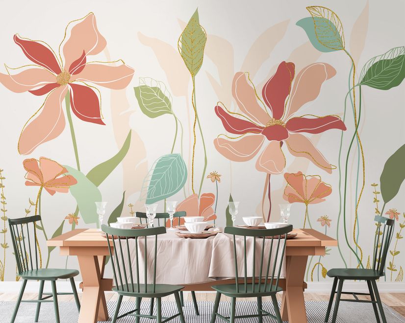 Gold Look Floral Garden Drawing Art Wallpaper Mural