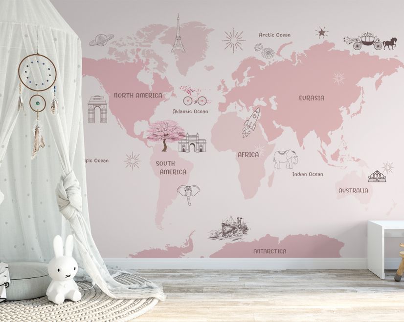 For Girls Pink Monochrome World Map Wallpaper Mural