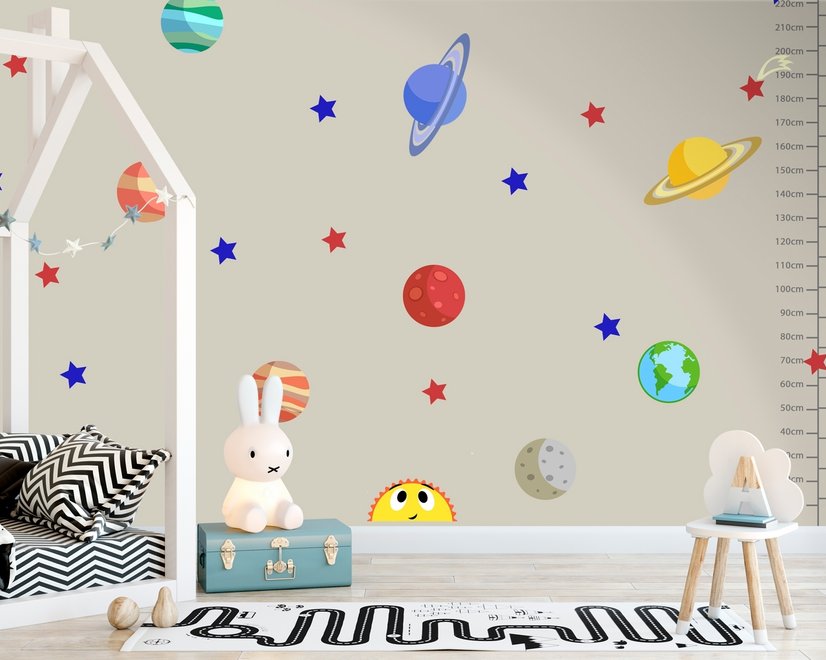 Bunte Planeten und Fröhliche Sonne mit Sternen Wandtattoo