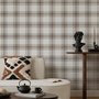 Neutral beige and brown plaid wallpaper with cream squares, taupe woven blocks and fine dark brown lines