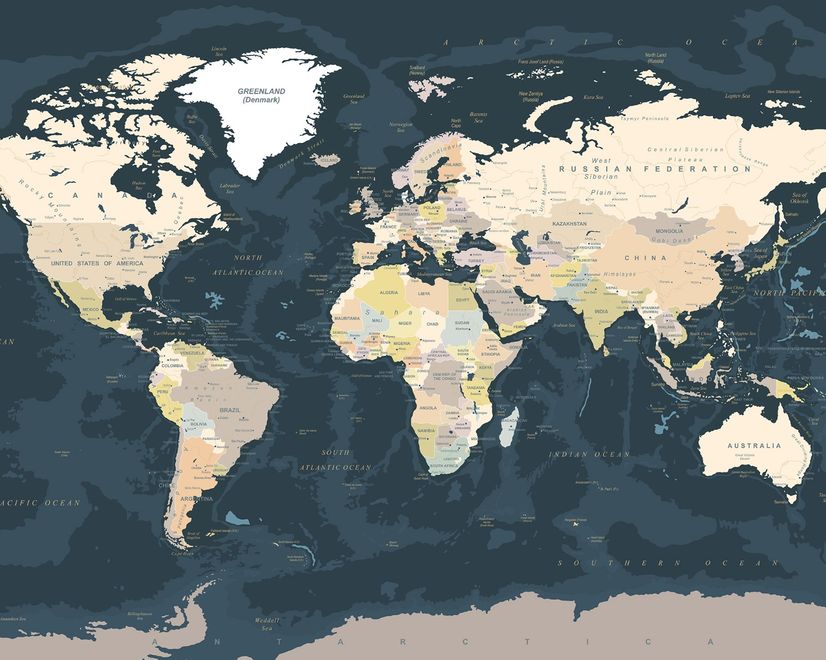 Navy Blue Political World Map Wallpaper Mural