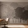 Misty forest nature wallpaper mural in greige, taupe and charcoal watercolour with birds