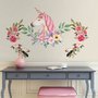 Stickers muraux licorne rose floraux colorés enfants