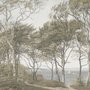 Tree wallpaper forest mural with olive coastal woodland, bare branches, shoreline path and small sailboats