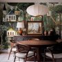 Architectural design wallpaper mural of forest treehouses, rivers, boats and small figures in green watercolour