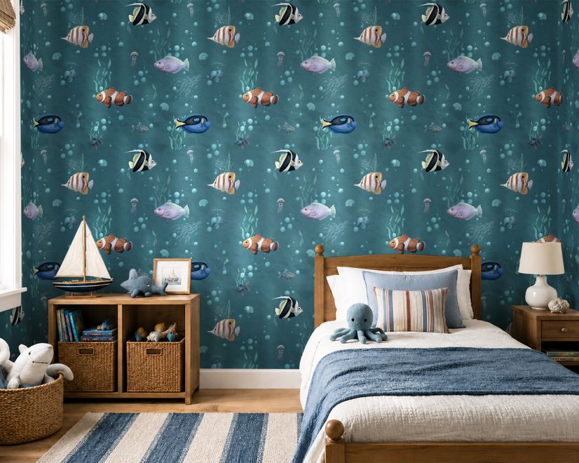 Kids Watercolor Ocean Fish Underwater Wallpaper Mural