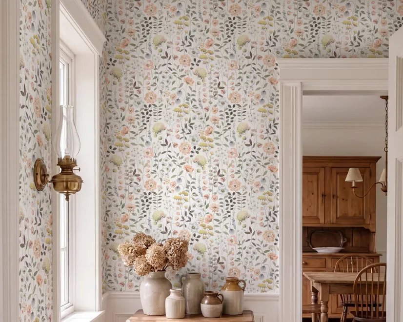 Watercolour wildflower wallpaper with pastel flowers and sage leaves on a white ground