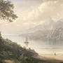Landscape wallpaper mural with sepia coastal mountains, sailboat, beach figure and foreground tree
