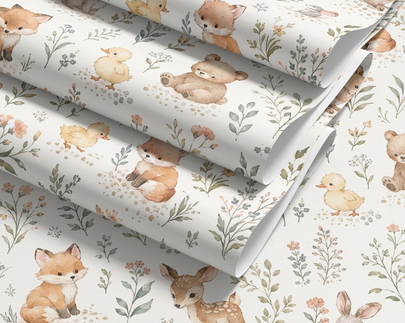 Woodland nursery wallpaper pattern with watercolour fawns, fox cubs, rabbits, teddy bears, birds and ducklings on cream