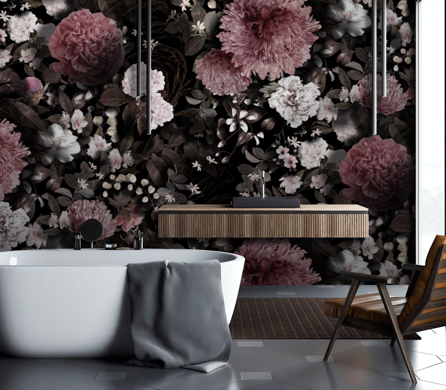 Dark Floral with Pink Chrysanthemum Wallpaper Mural - Peel and Stick