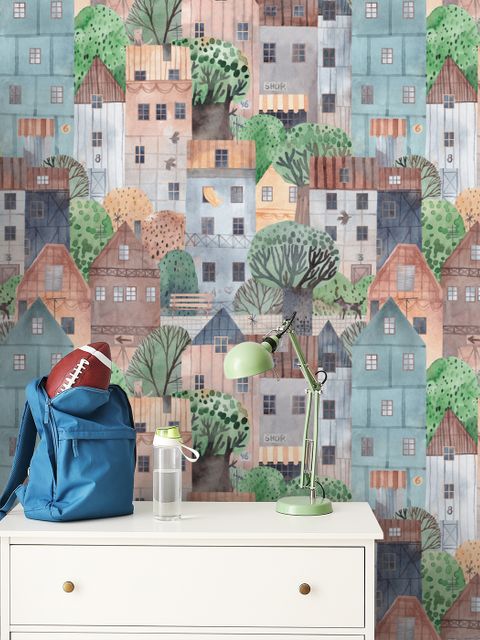 Kinder-Fototapete Kleine Stadt Süßes Aquarellhaus