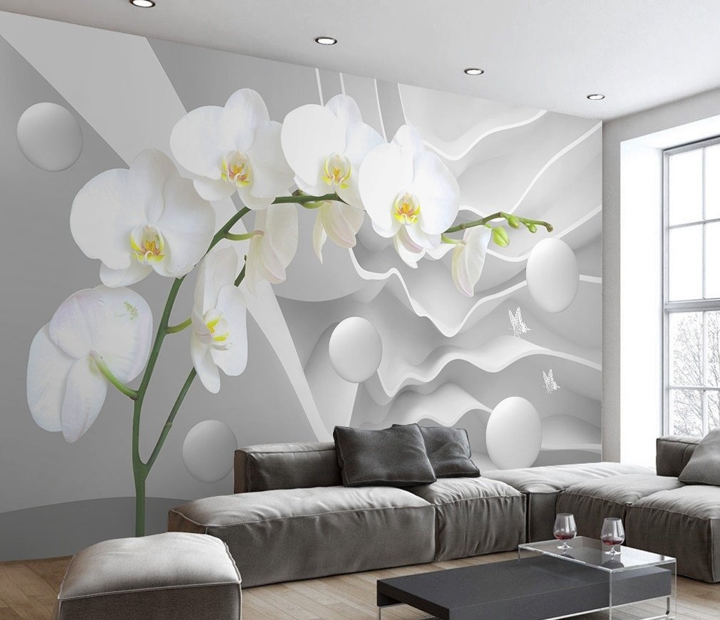 White Orchid Floral with Abstract Stripe Wallpaper Mural - Peel and Stick