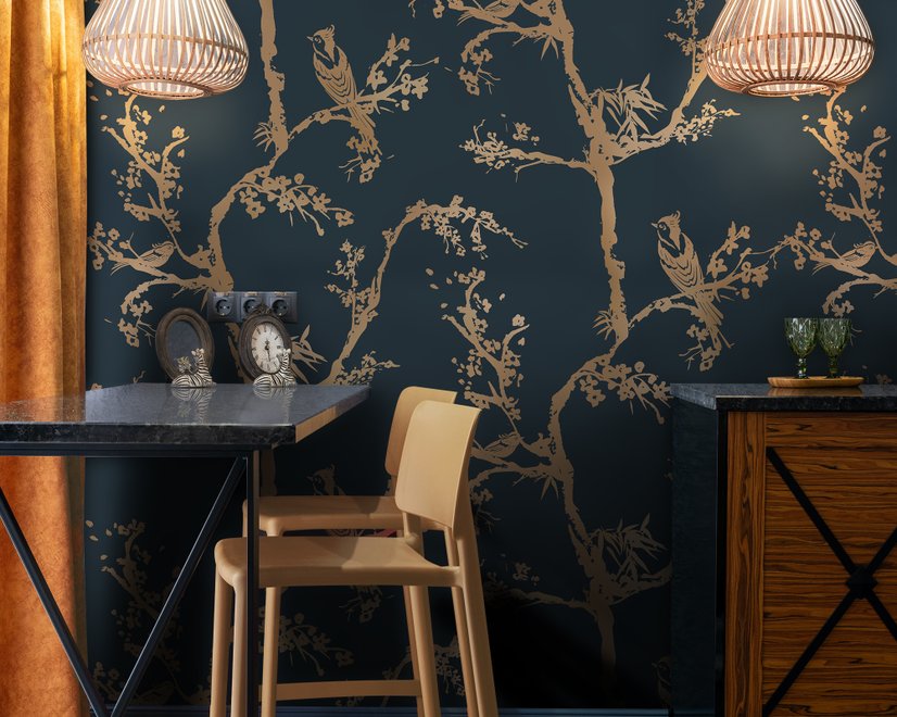 Goldene Faux Baumblütenzweig Silhouette mit Vögeln Fototapete