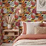 Floral and fish wallpaper with coral blooms, teal fish and black white flowers on metallic mustard-gold ground