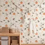 Cute autumn wallpaper with white ghosts, orange pumpkins, black bats and sage striped background